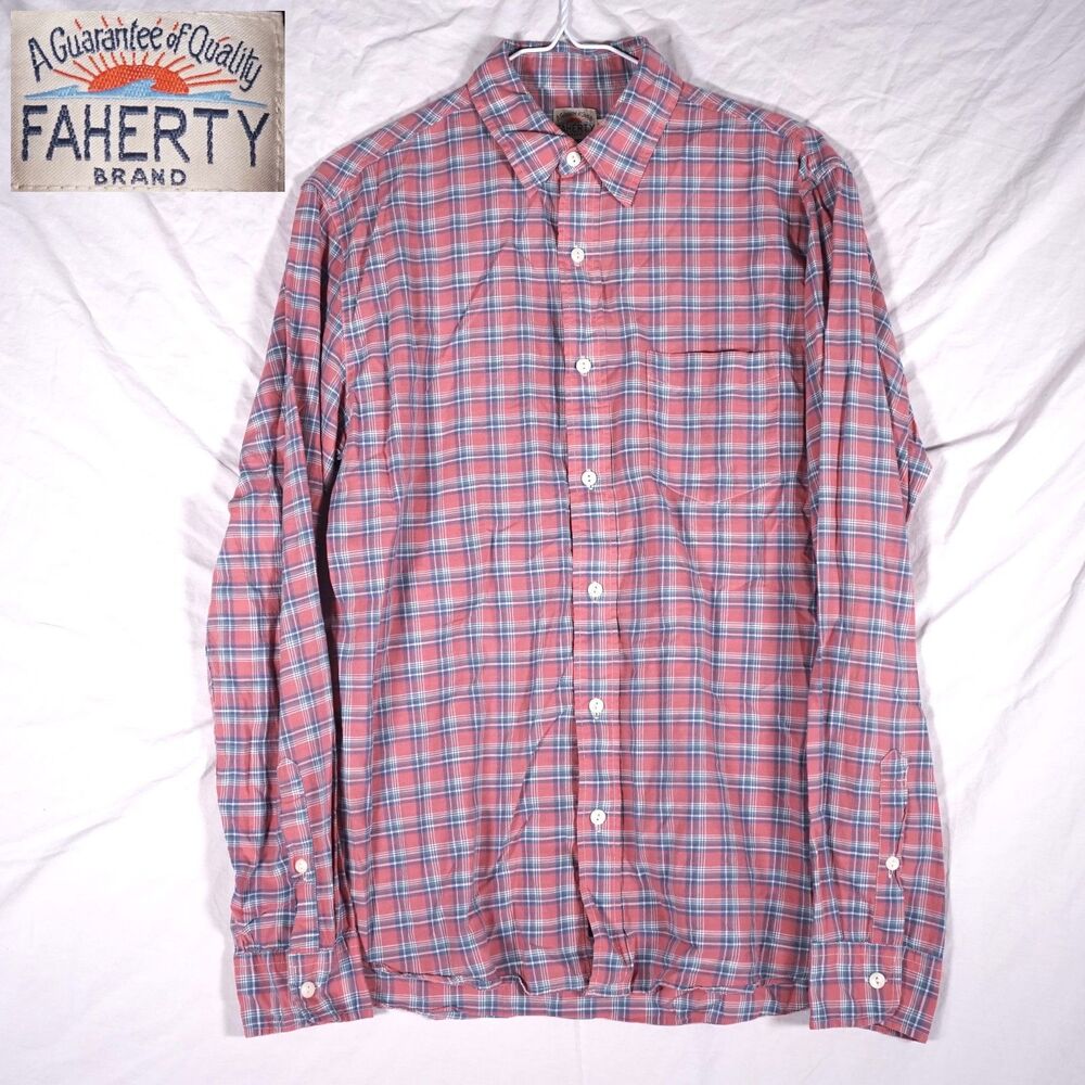 Faherty Plaid Button Up Shirt Long Sleeve Pink Blue Mens Medium